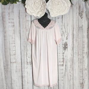 Shadow line Pastel Pink Maxi Nightgown With Embroidered Rosettes and Lace Trim